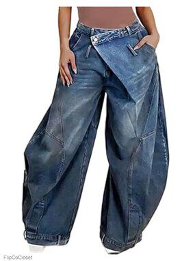 High Waisted Asymmetrical Wide Leg Baggy Barrel Boyfriend Jeans